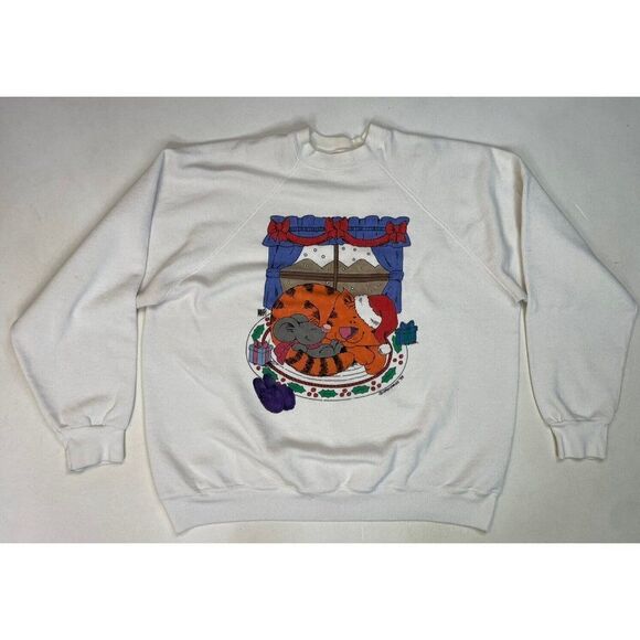 VINTAGE Cat Mouse Holiday 1993 Crewneck Sweatshirt Men XL White USA 90s - Picture 1 of 7
